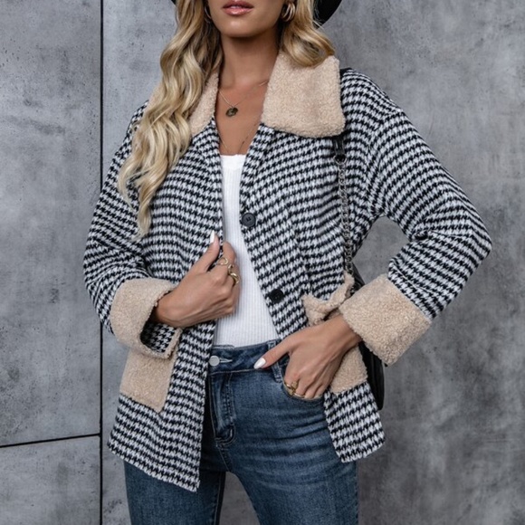 Houndstooth Vegan Shearling Button Up Oversized Jacket Coat - Picture 5 of 5